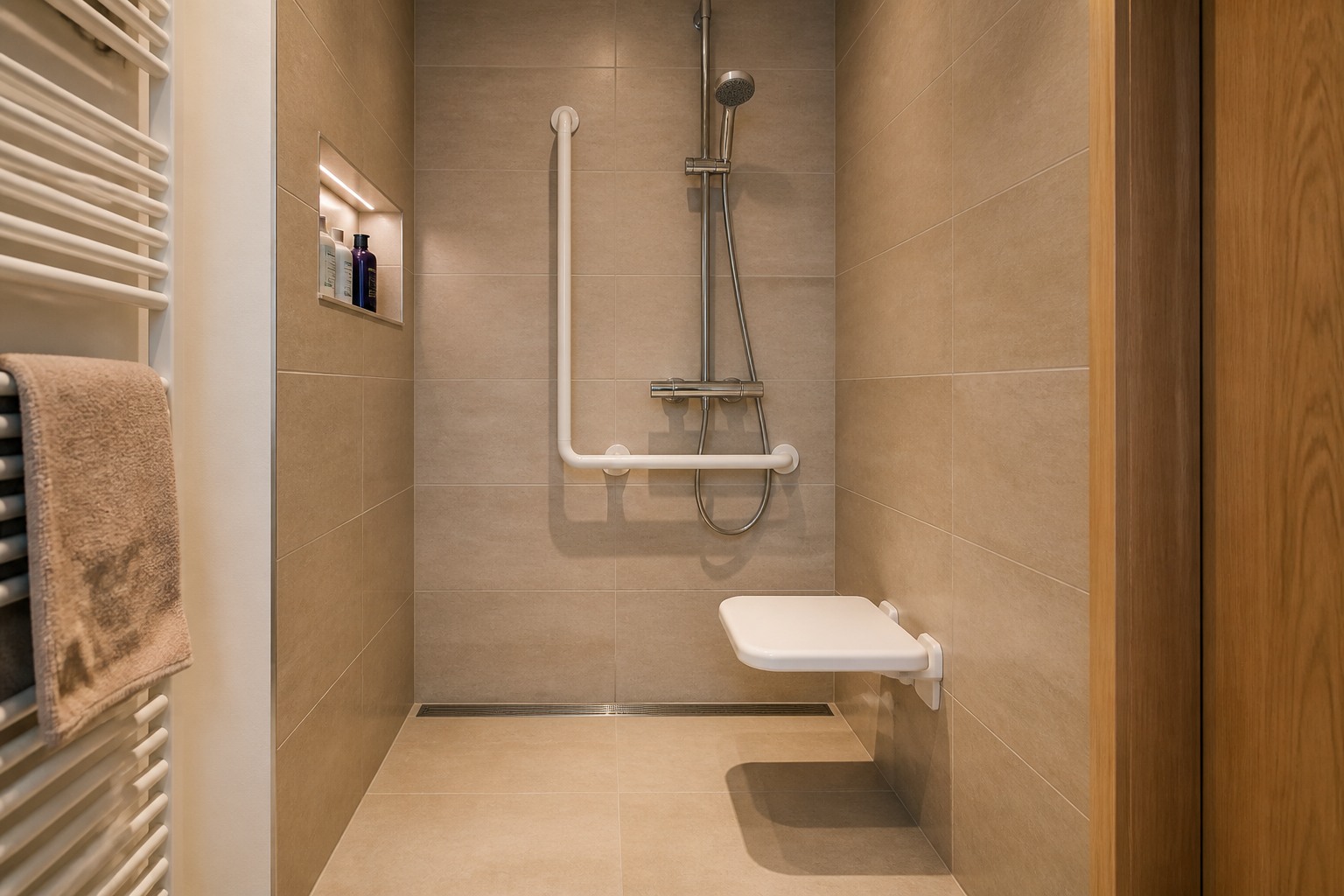 Private bodengleiche Dusche mit Sitz und Haltegriff