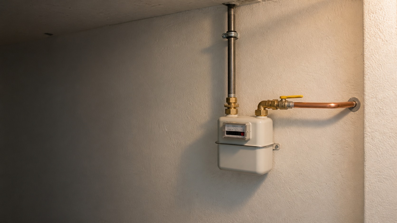 Fertig installierter Gaszähler mit durchgehender Zu- und Ableitung