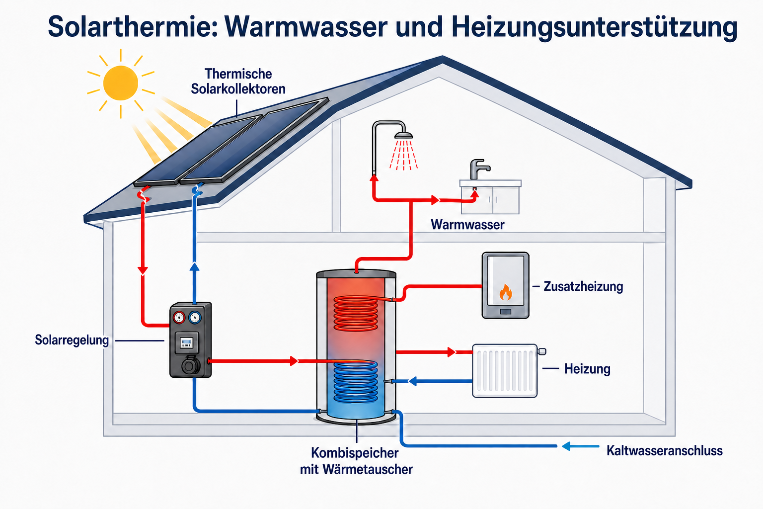 Schema einer Solarthermieanlage für Warmwasser und Heizungsunterstützung