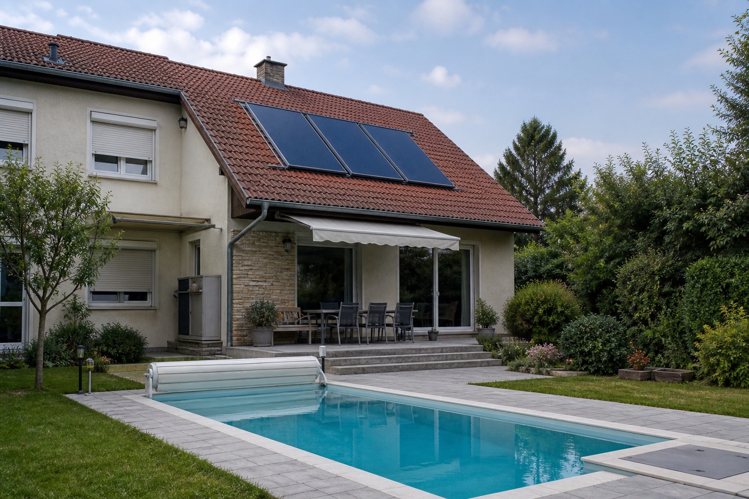 Privates Schwimmbad mit solarthermischer Erwärmung bei einem österreichischen Wohnhaus